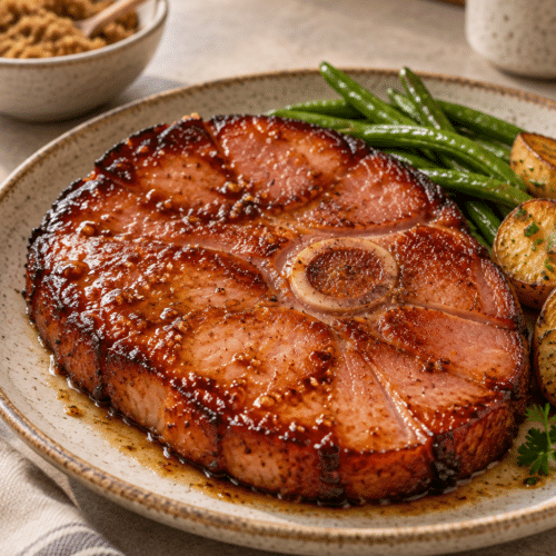 Air fryer ham steaks with a glossy brown sugar butter glaze