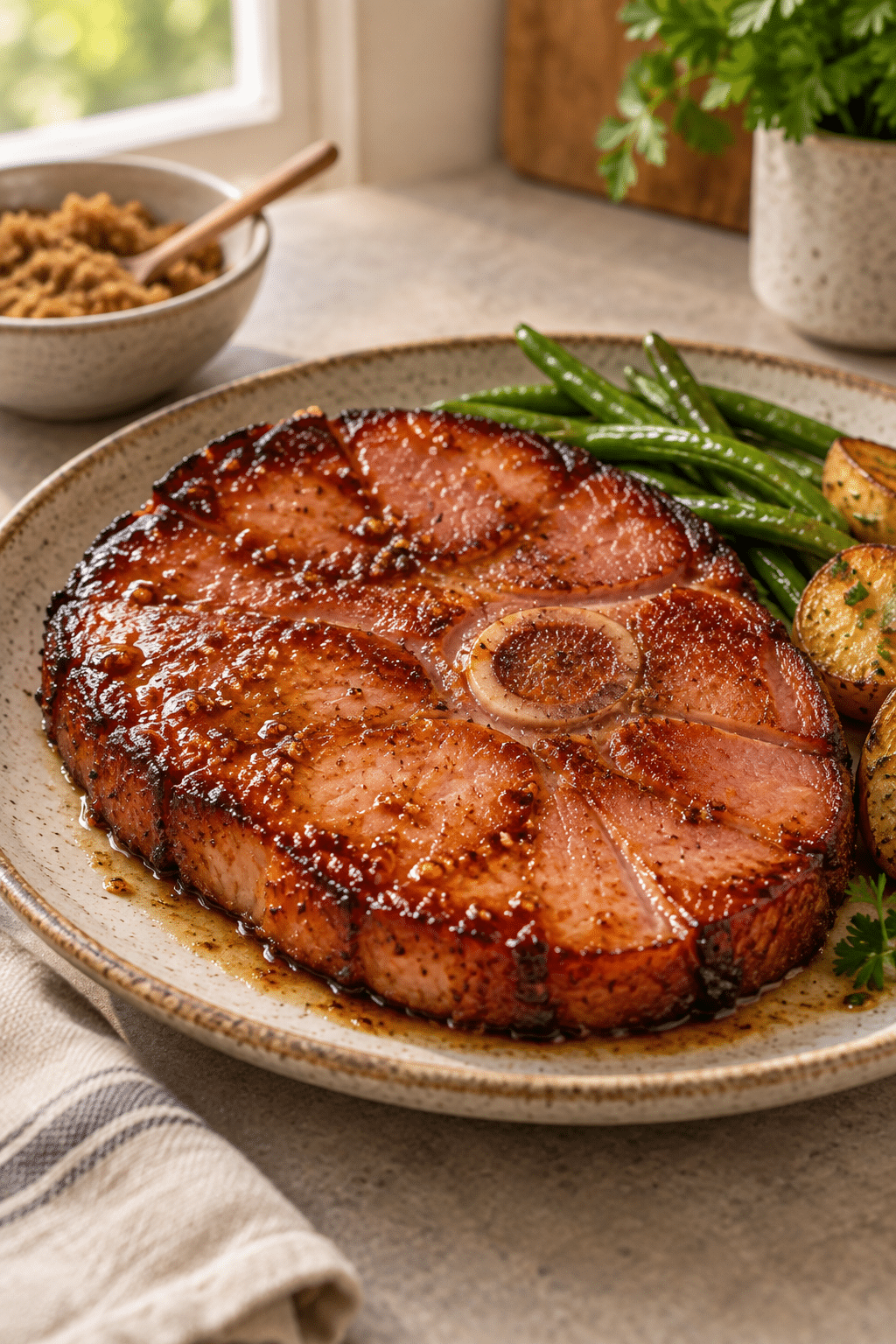 Air fryer ham steaks with a glossy brown sugar butter glaze