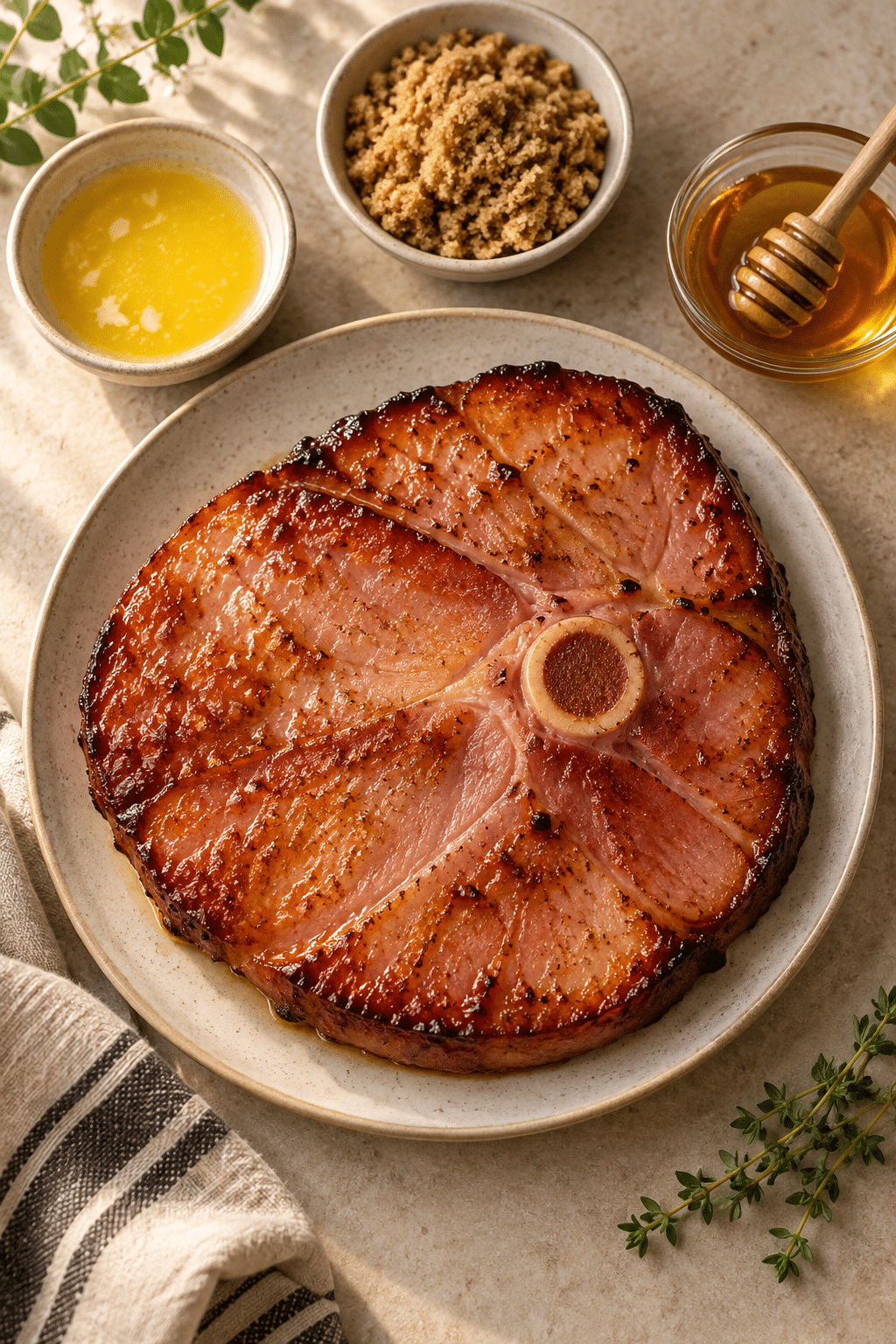 Ingredients for air fryer ham steaks: ham steak, butter, brown sugar, and optional honey