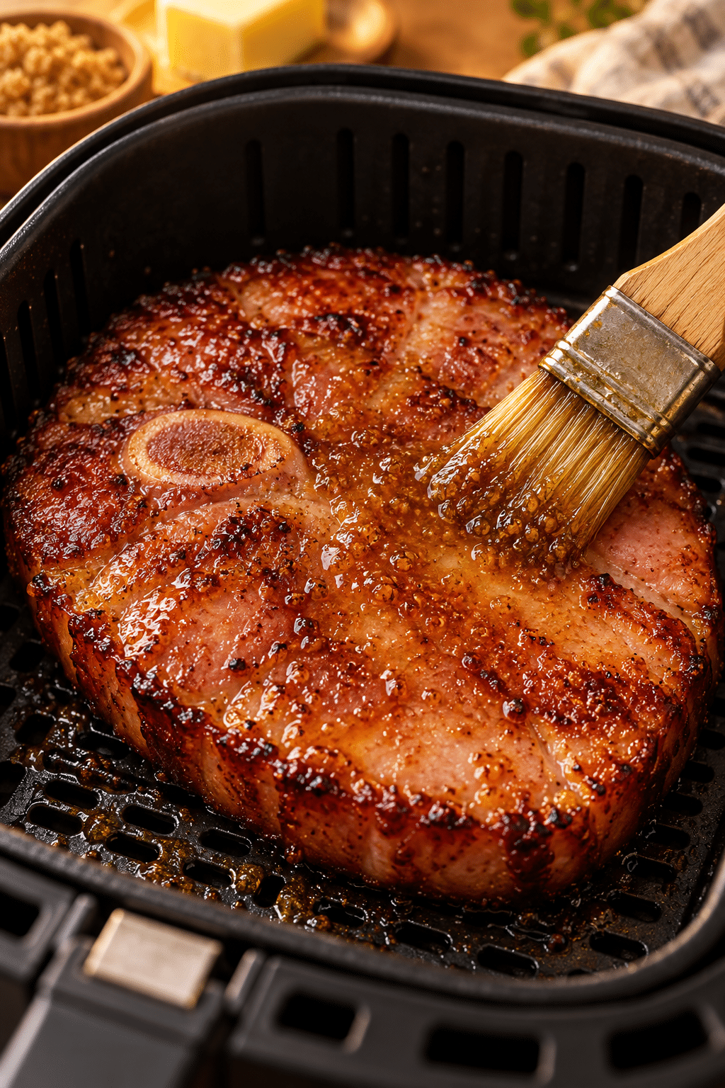 Basting a ham steak before cooking it in the air fryer