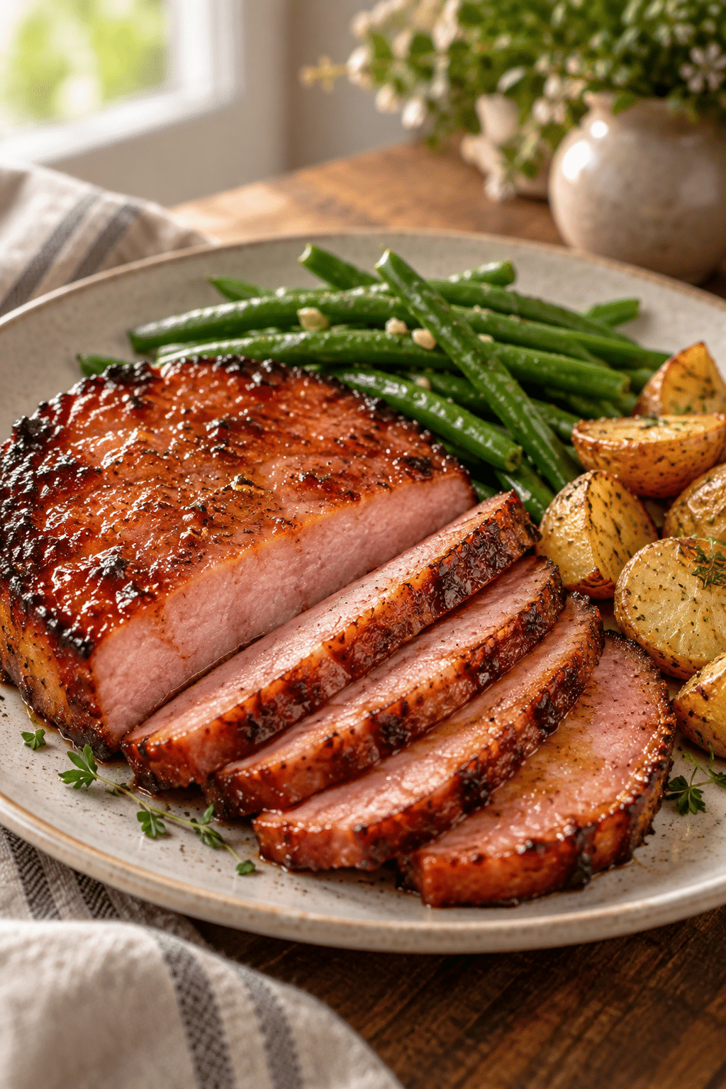 Finished air fryer ham steak with a glossy brown sugar butter glaze