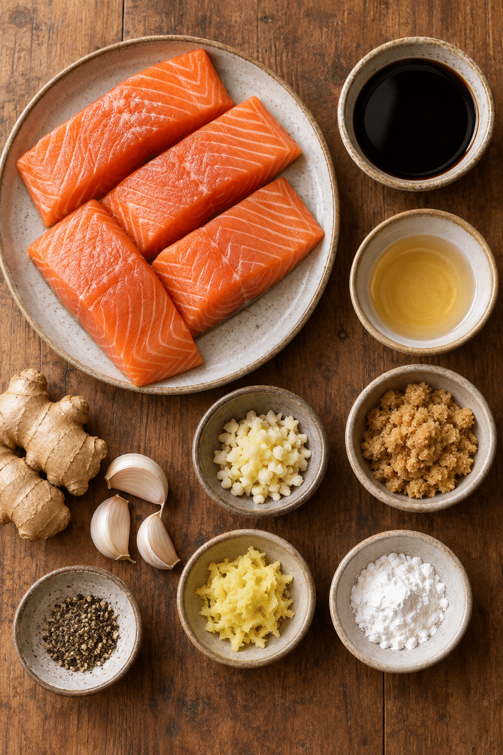 air fryer teriyaki salmon ingredients measured and arranged