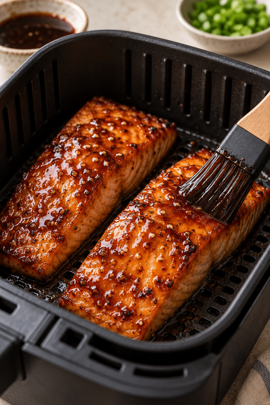 air fryer teriyaki salmon preparation in progress