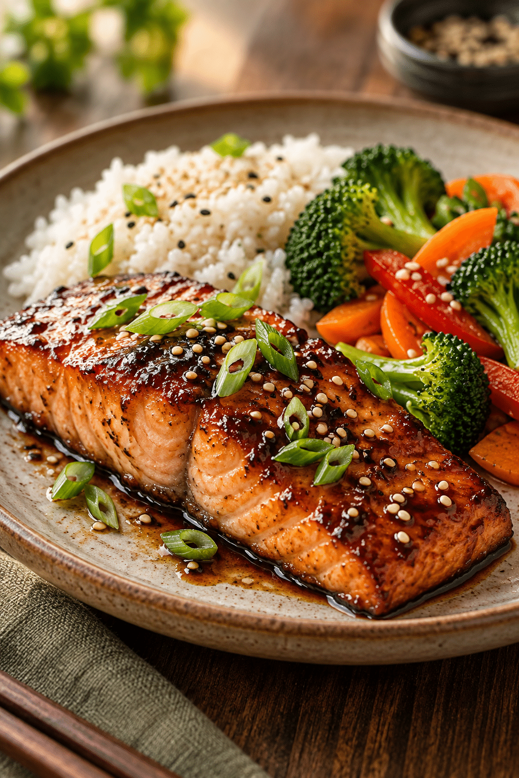 air fryer teriyaki salmon finished and served