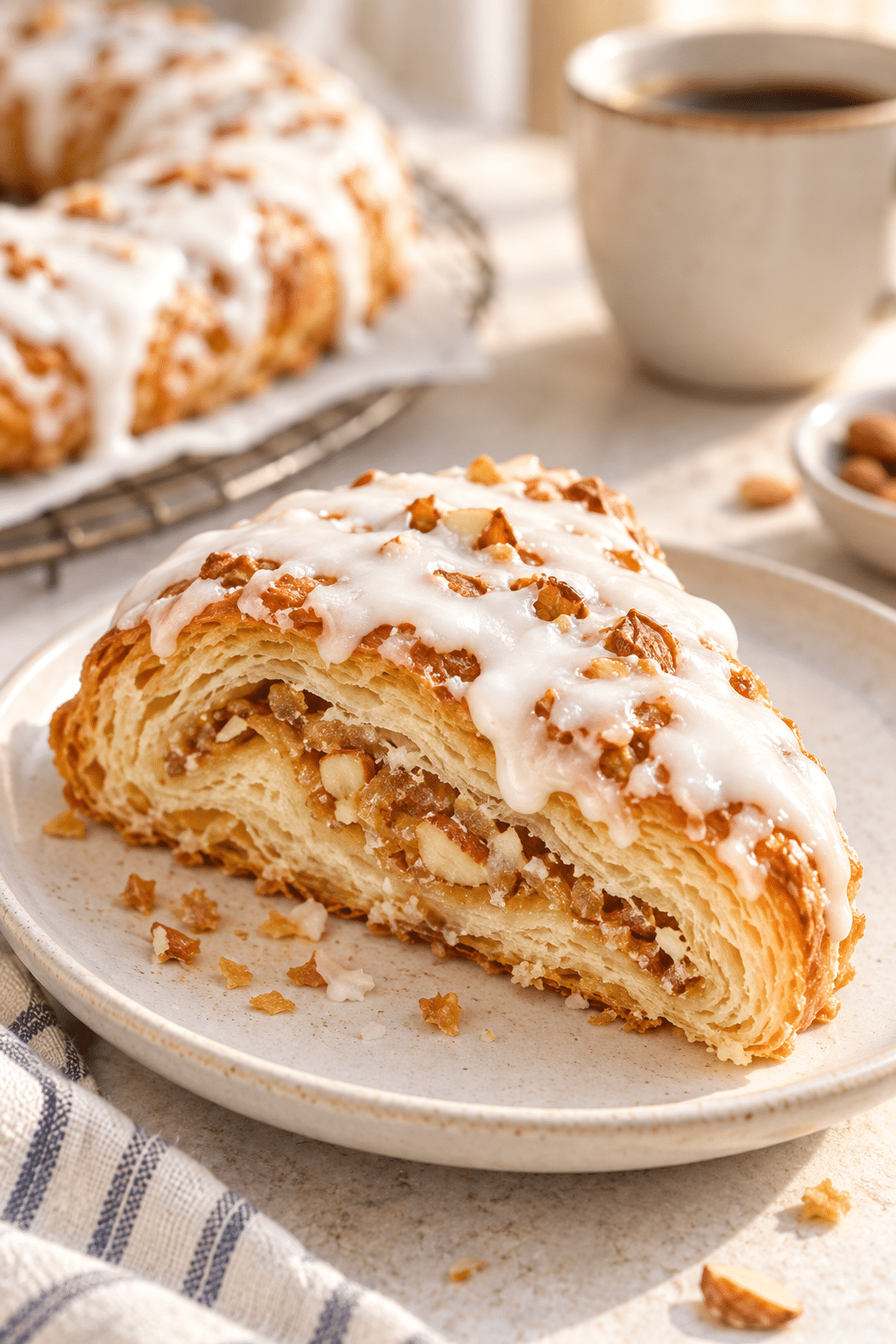 sliced almond kringle with smooth almond icing