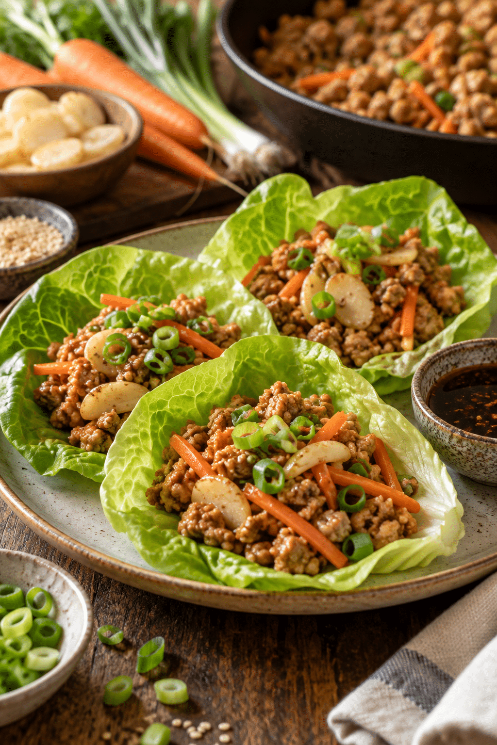cooking Asian lettuce wraps in a skillet