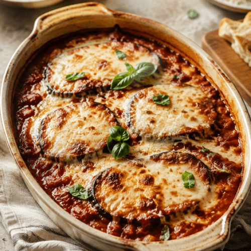 baked eggplant parmesan finished and ready to serve