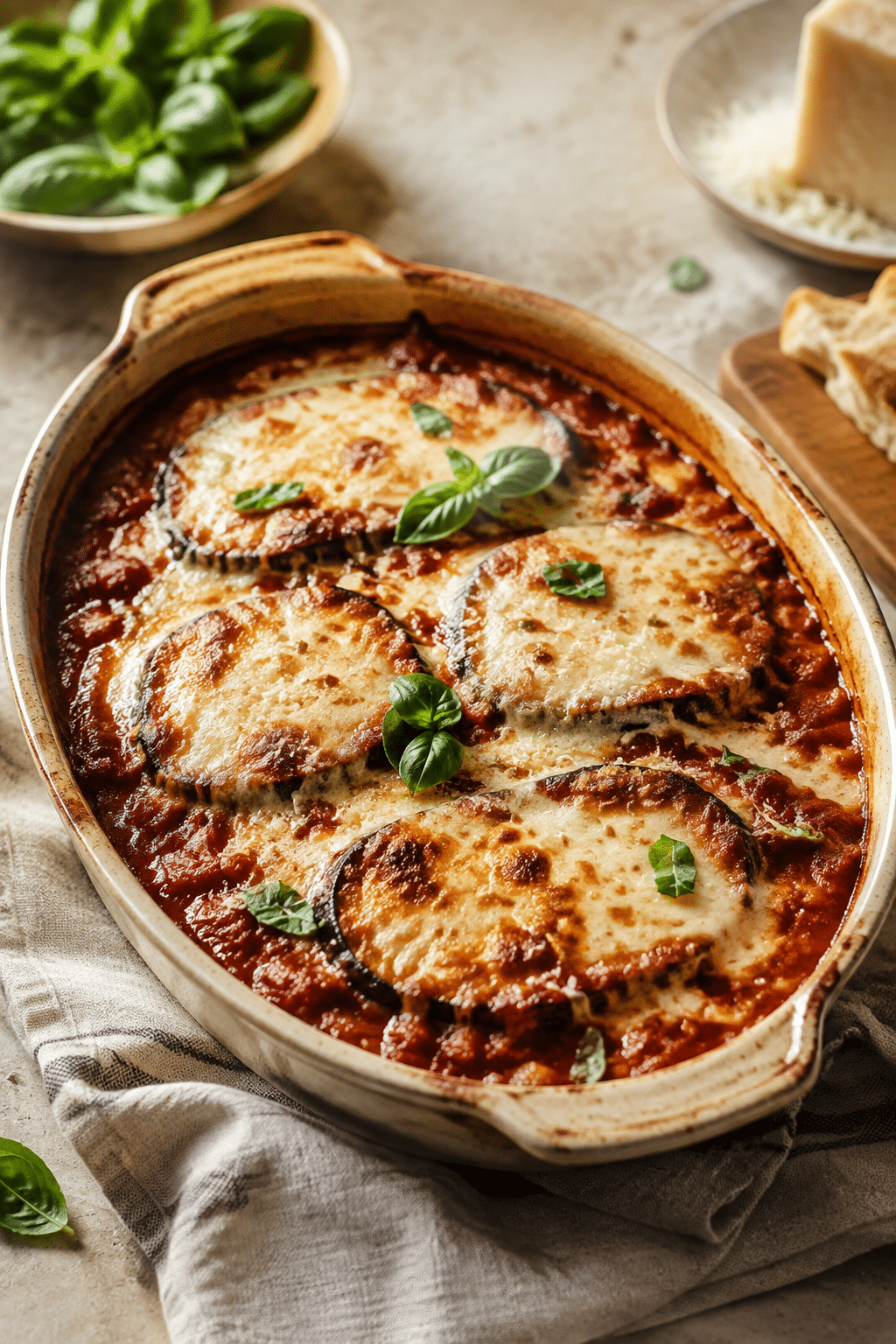 baked eggplant parmesan finished and ready to serve
