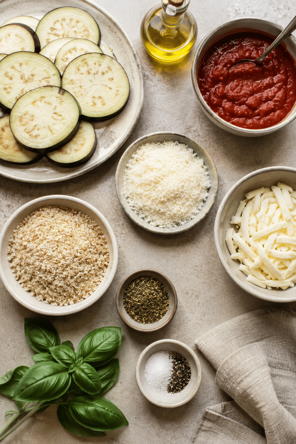 Ingredients measured for baked eggplant parmesan