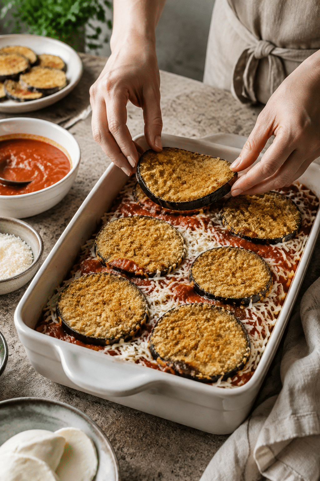 Preparing baked eggplant parmesan step by step