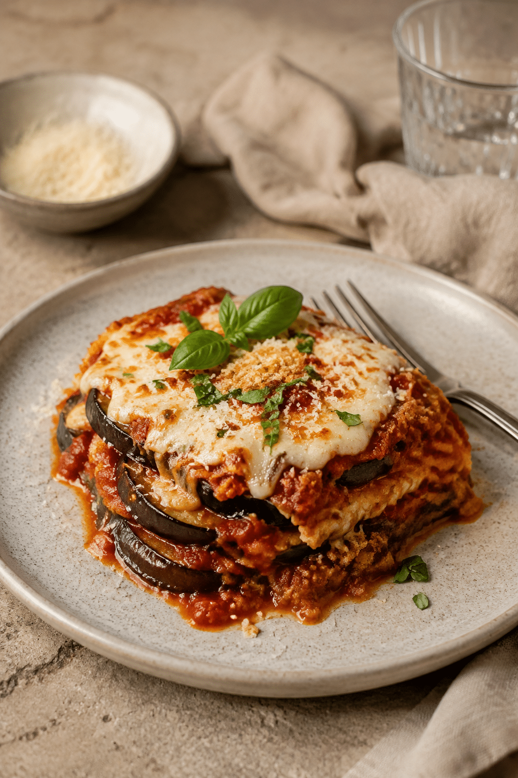 Finished baked eggplant parmesan shown close up
