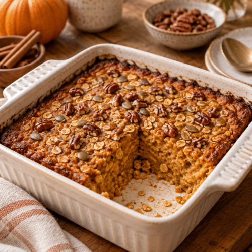 Baked pumpkin oatmeal in a square dish