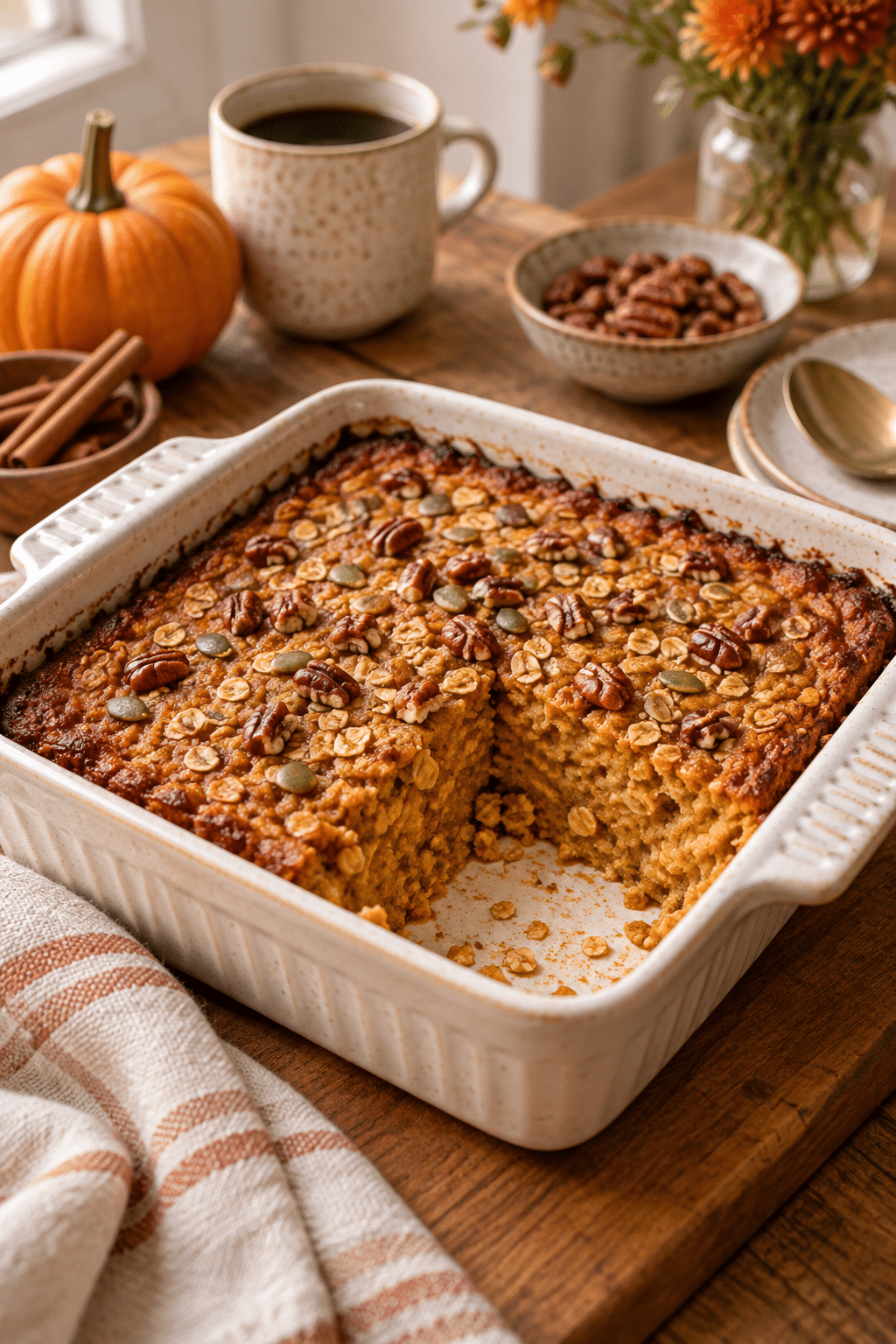 Baked pumpkin oatmeal in a square dish