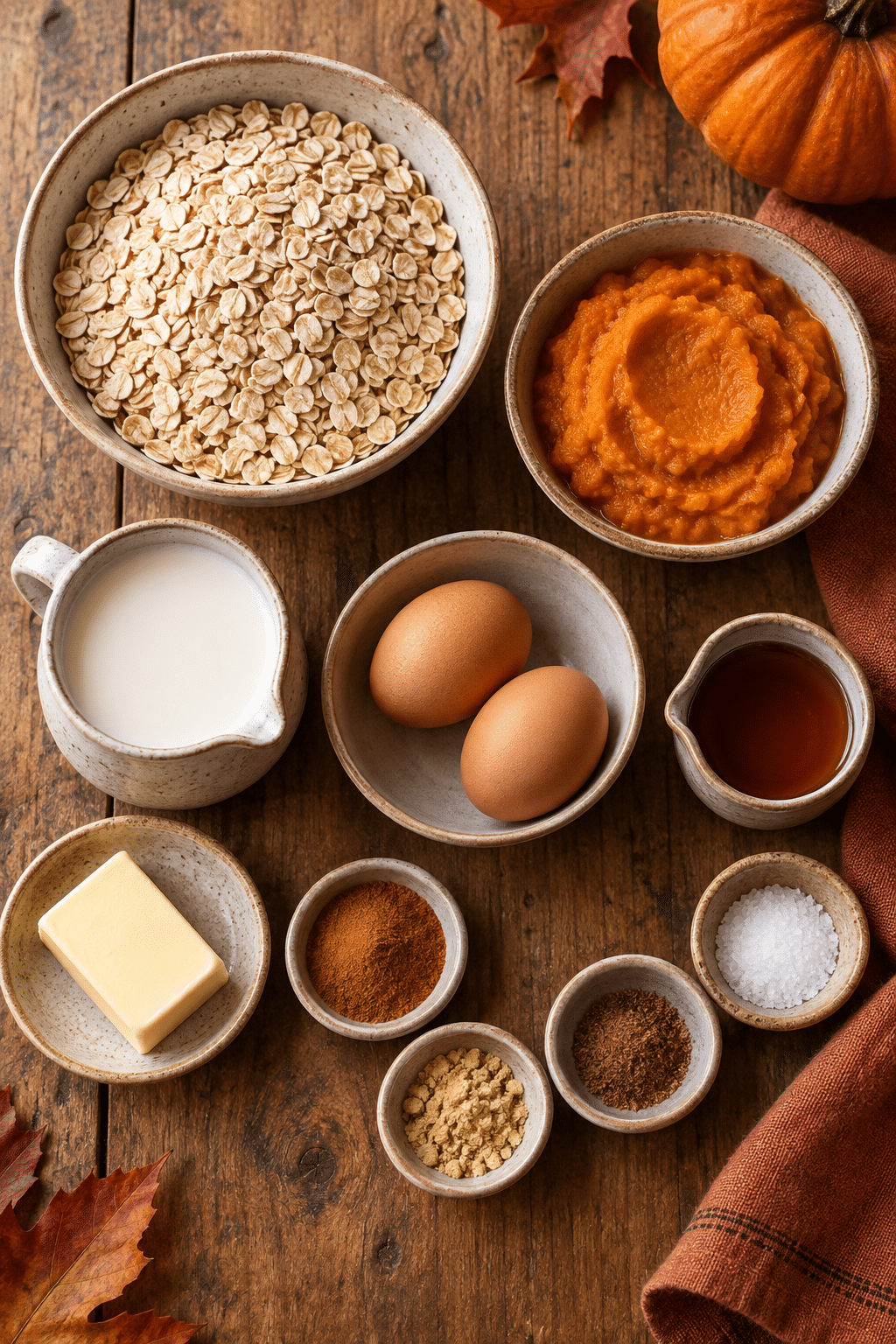 Ingredients for baked pumpkin oatmeal arranged on a counter