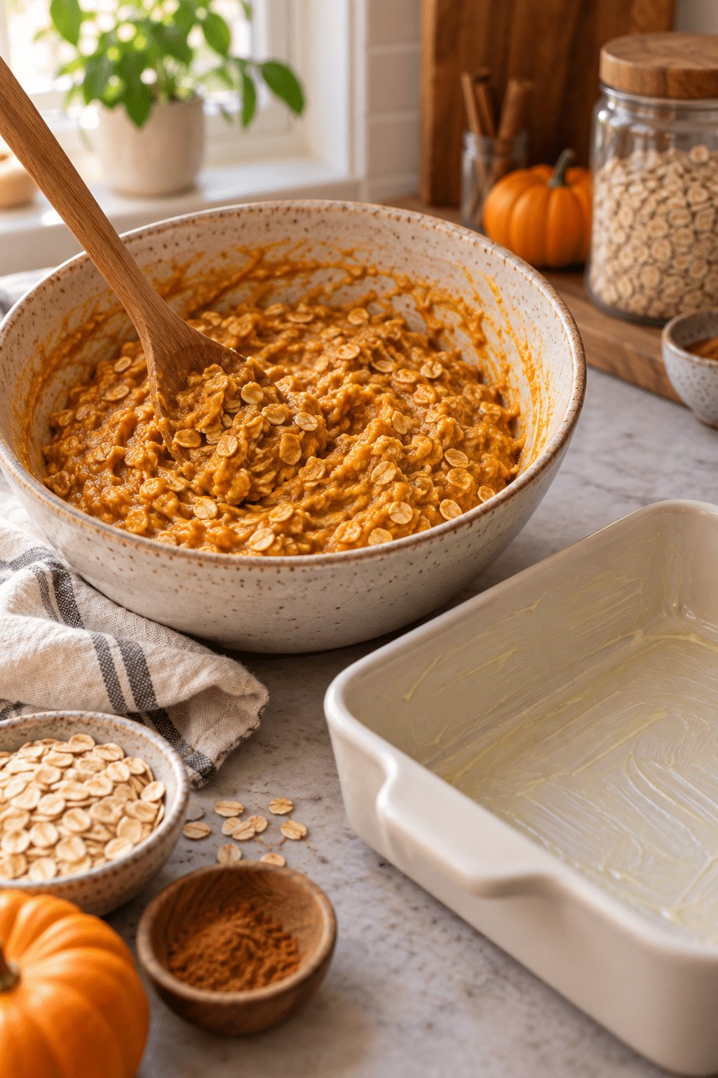 Baked pumpkin oatmeal mixture being prepared before baking