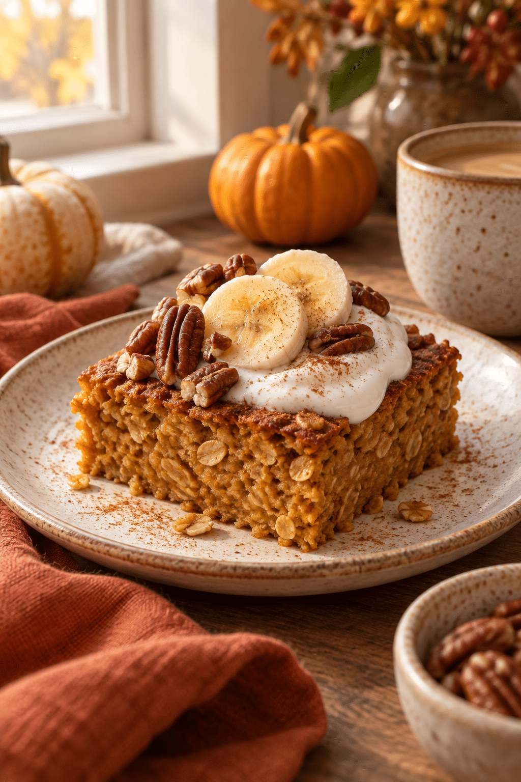 A warm square of baked pumpkin oatmeal served for breakfast