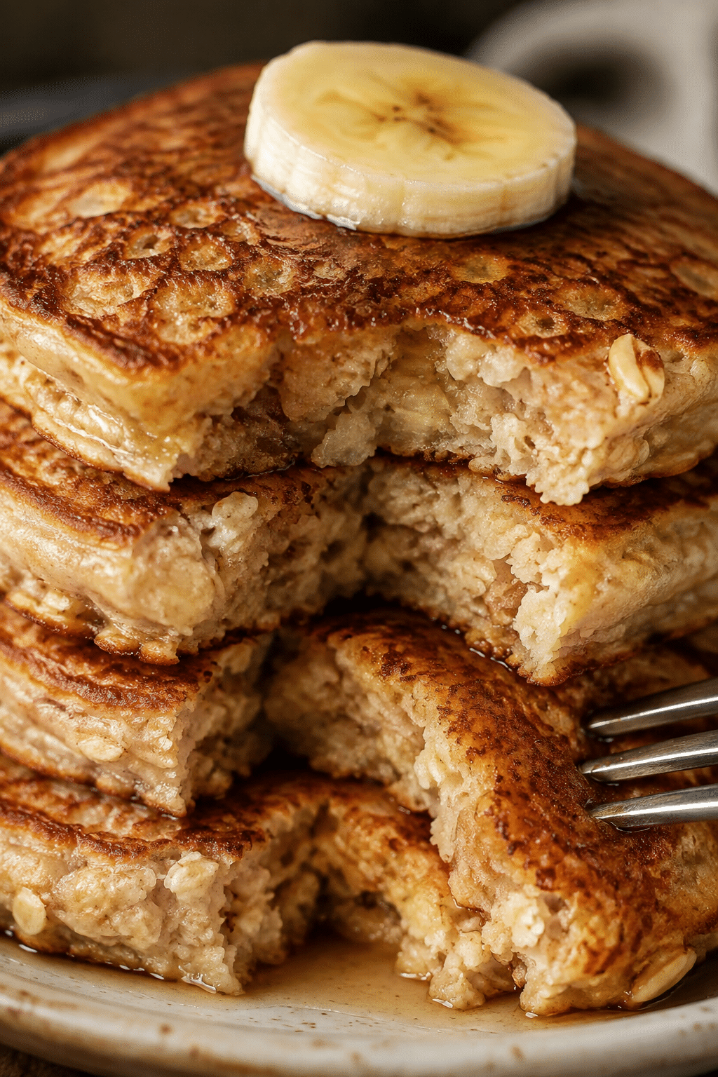 fluffy banana oatmeal pancakes showing tender center