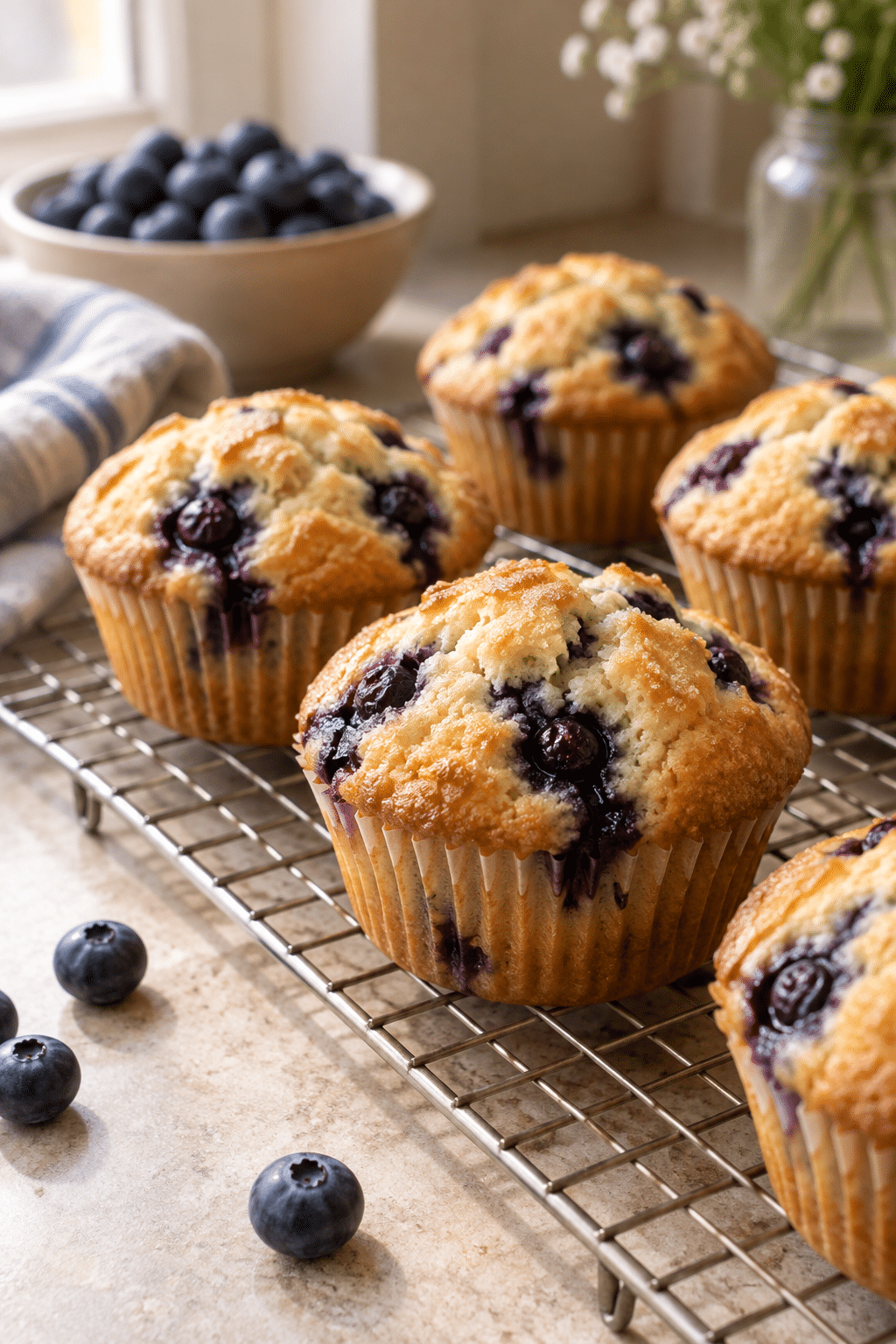 blueberry muffins on a cooling rack