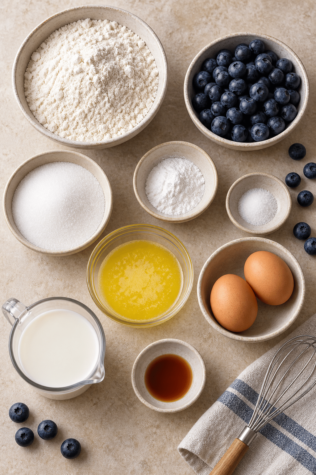 blueberry muffin ingredients measured on a counter