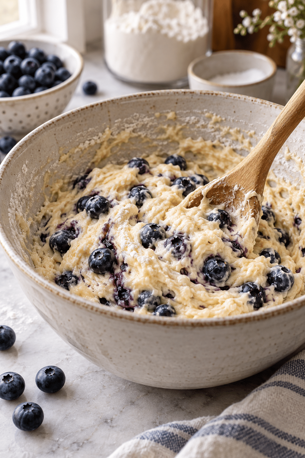 blueberry muffin batter being folded with berries