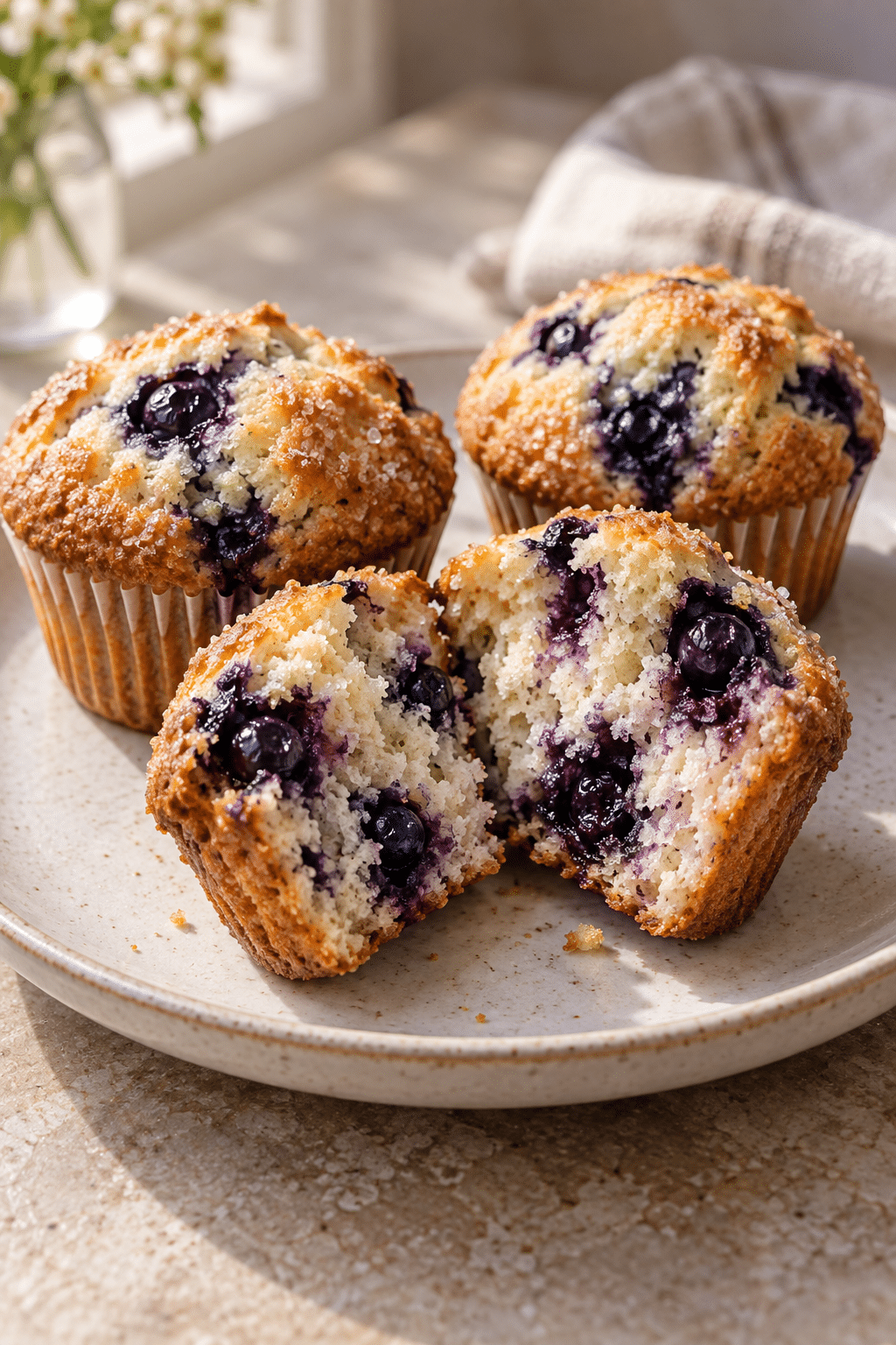 blueberry muffin split open to show the tender crumb