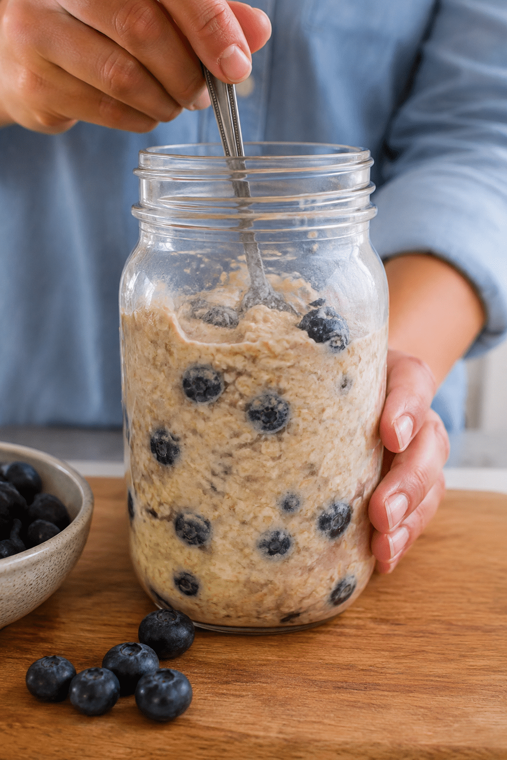 creamy blueberry overnight oats on a spoon