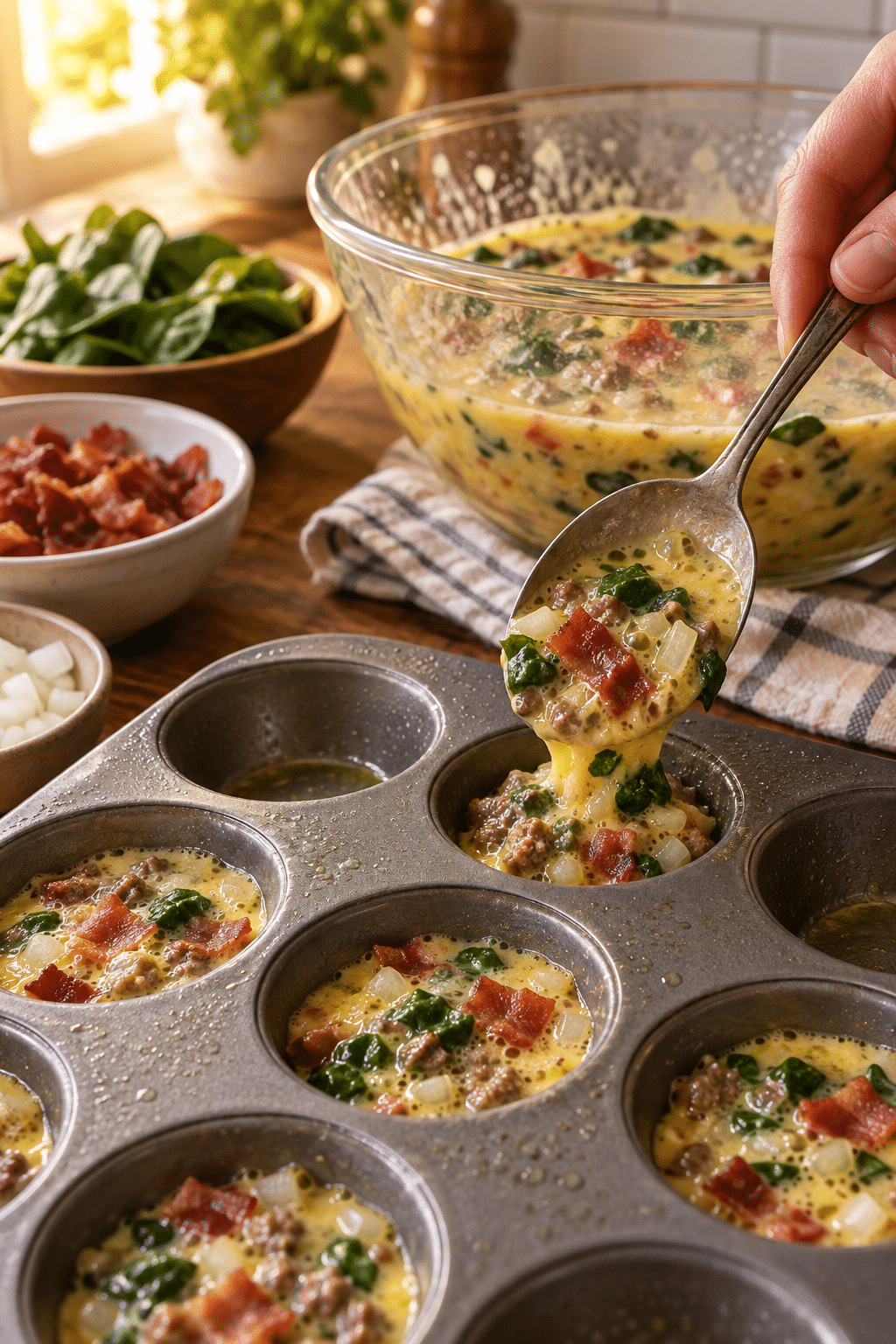 breakfast egg cups baking in a muffin tin