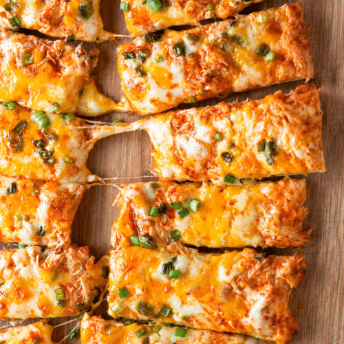 Buffalo chicken pizza sticks with melty cheese