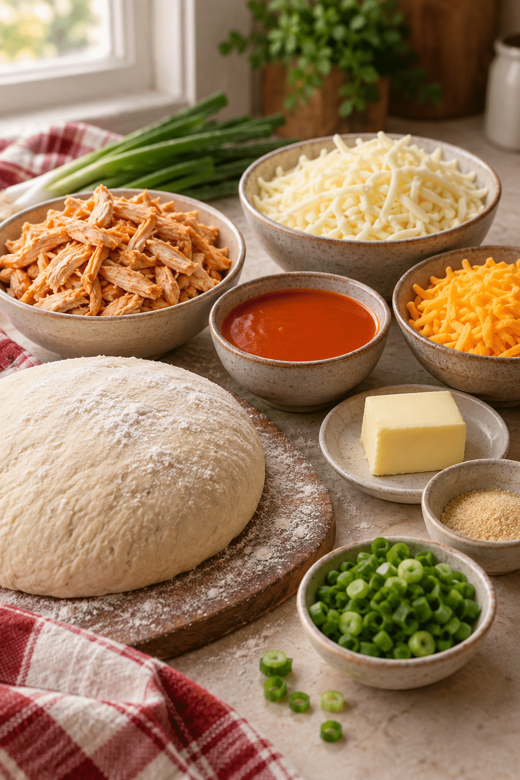 Buffalo chicken pizza sticks ingredients arranged for assembly