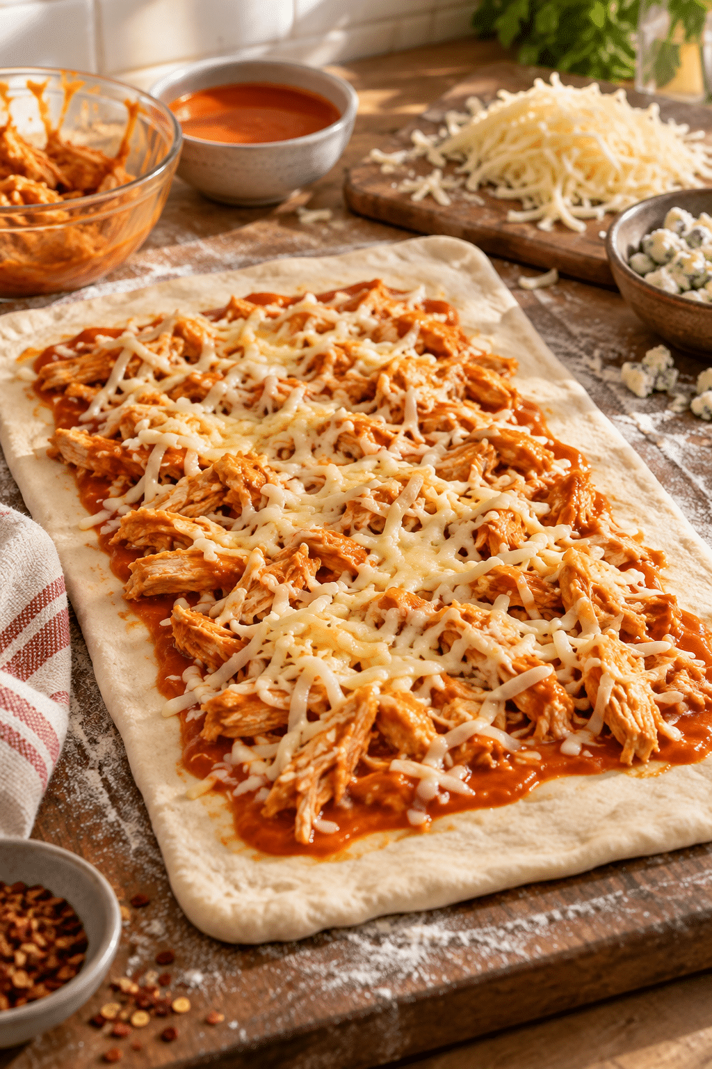 Buffalo chicken pizza sticks being assembled with chicken and cheese