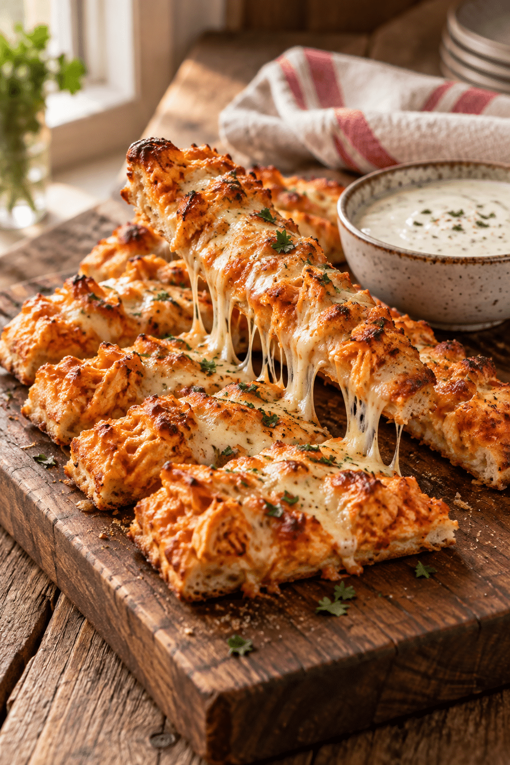 Golden buffalo chicken pizza sticks ready to serve