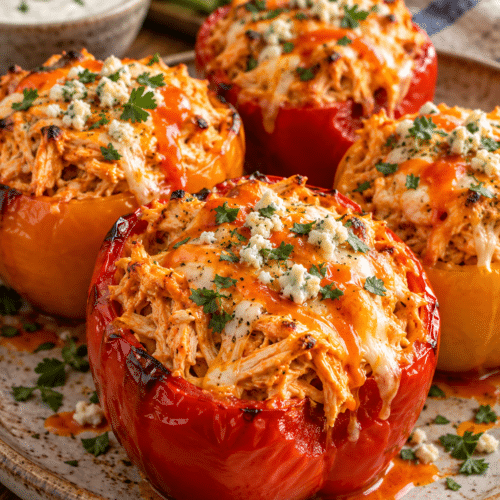 Buffalo chicken stuffed peppers ready to serve
