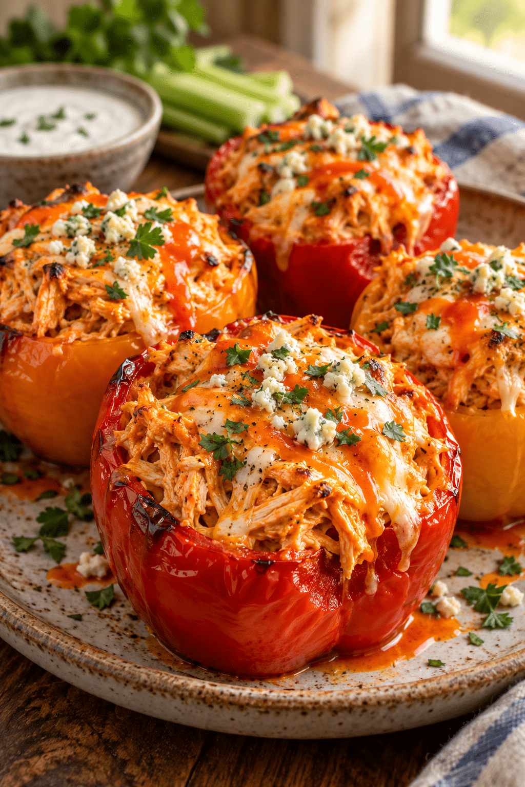 Buffalo chicken stuffed peppers ready to serve