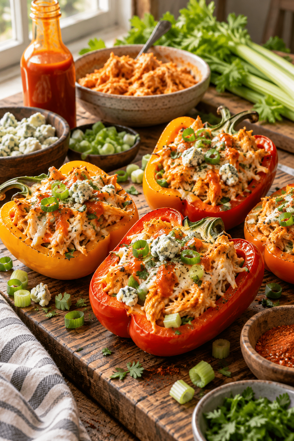 Ingredients for buffalo chicken stuffed peppers