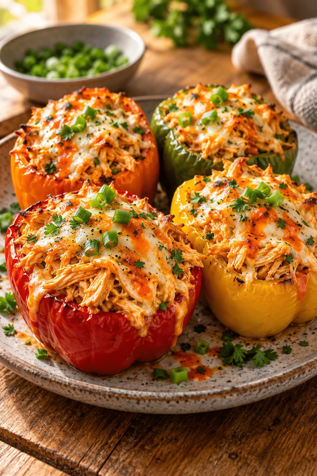 Buffalo chicken stuffed peppers ready to serve