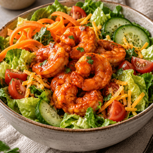 Buffalo shrimp salad with crisp vegetables