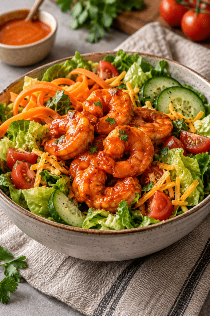 Buffalo shrimp salad with crisp vegetables