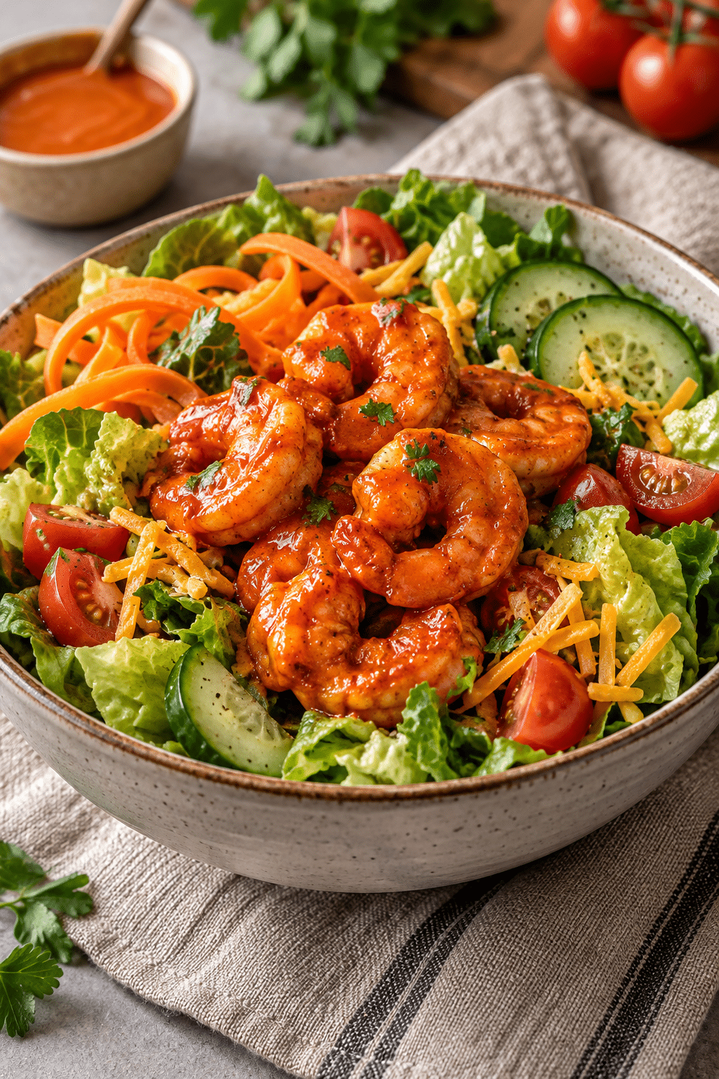 Buffalo shrimp salad with crisp vegetables