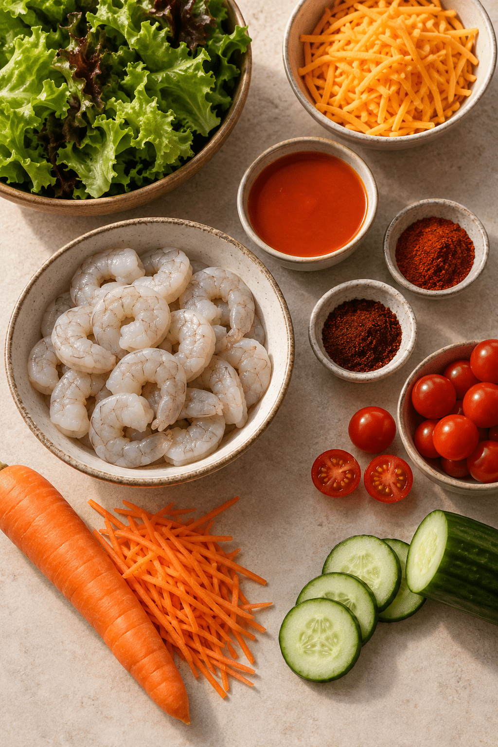 Ingredients for buffalo shrimp salad