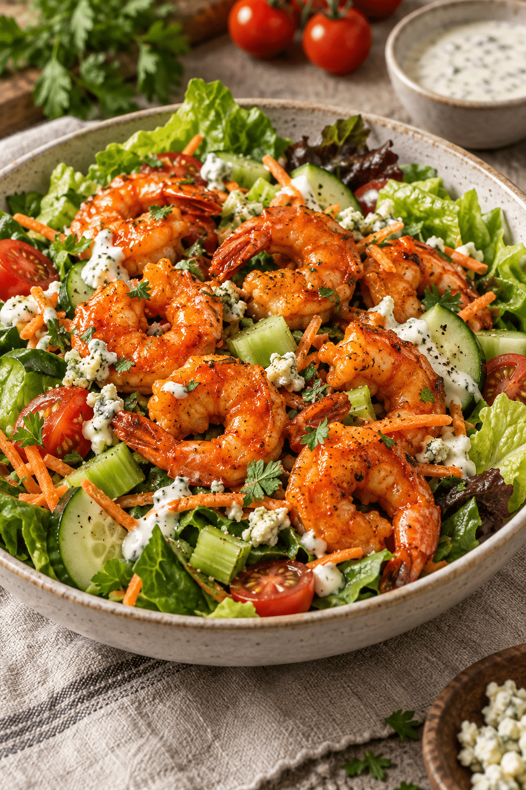 Finished buffalo shrimp salad with crisp vegetables