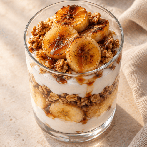 caramelized banana breakfast parfait with yogurt and granola
