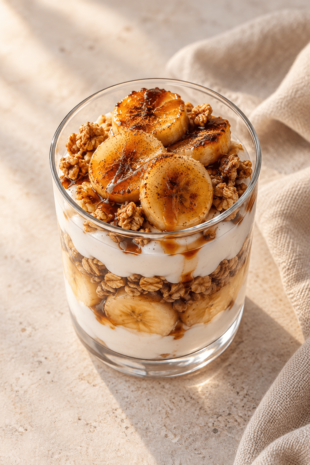 caramelized banana breakfast parfait with yogurt and granola