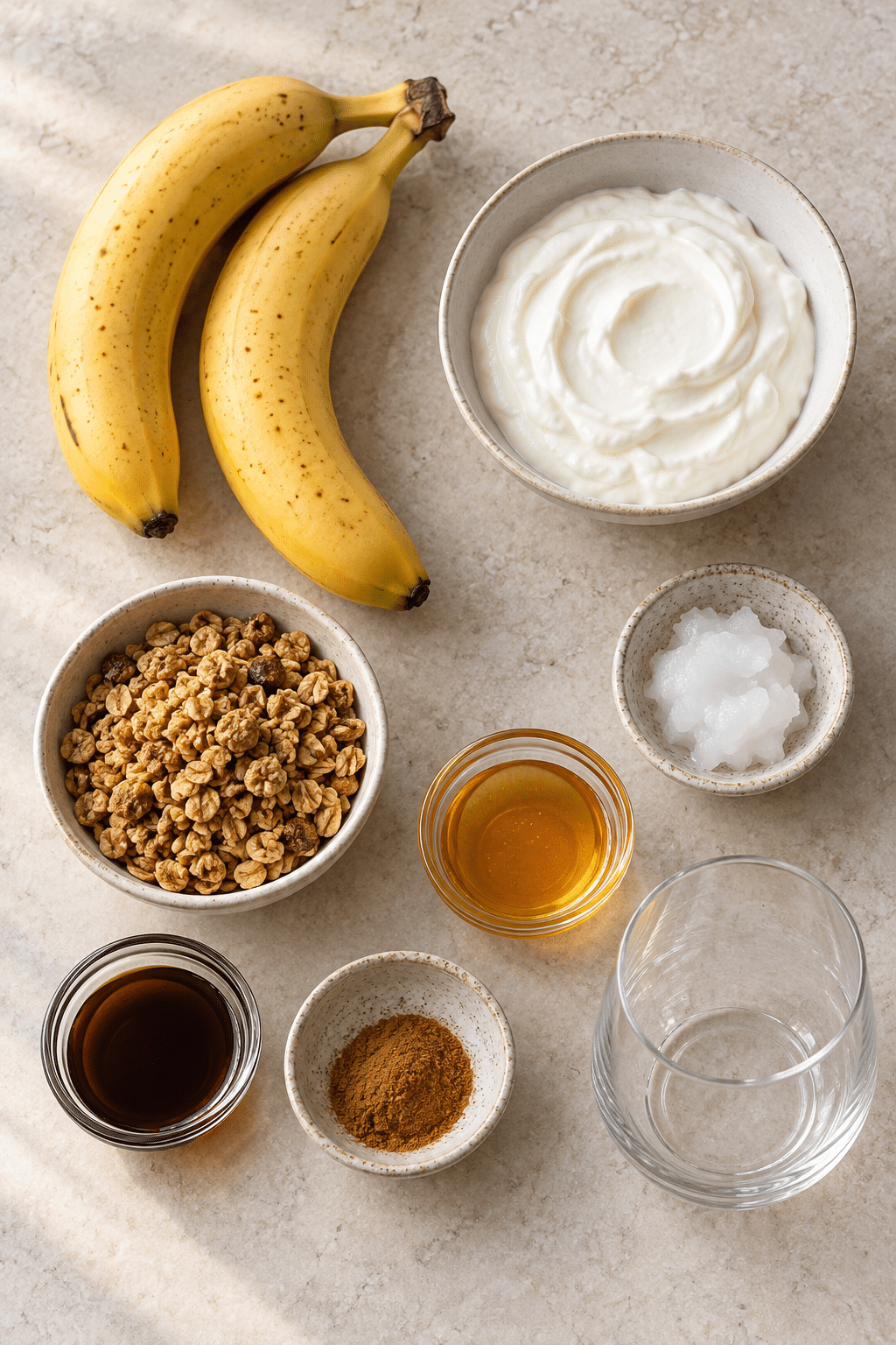 ingredients for a caramelized banana breakfast parfait