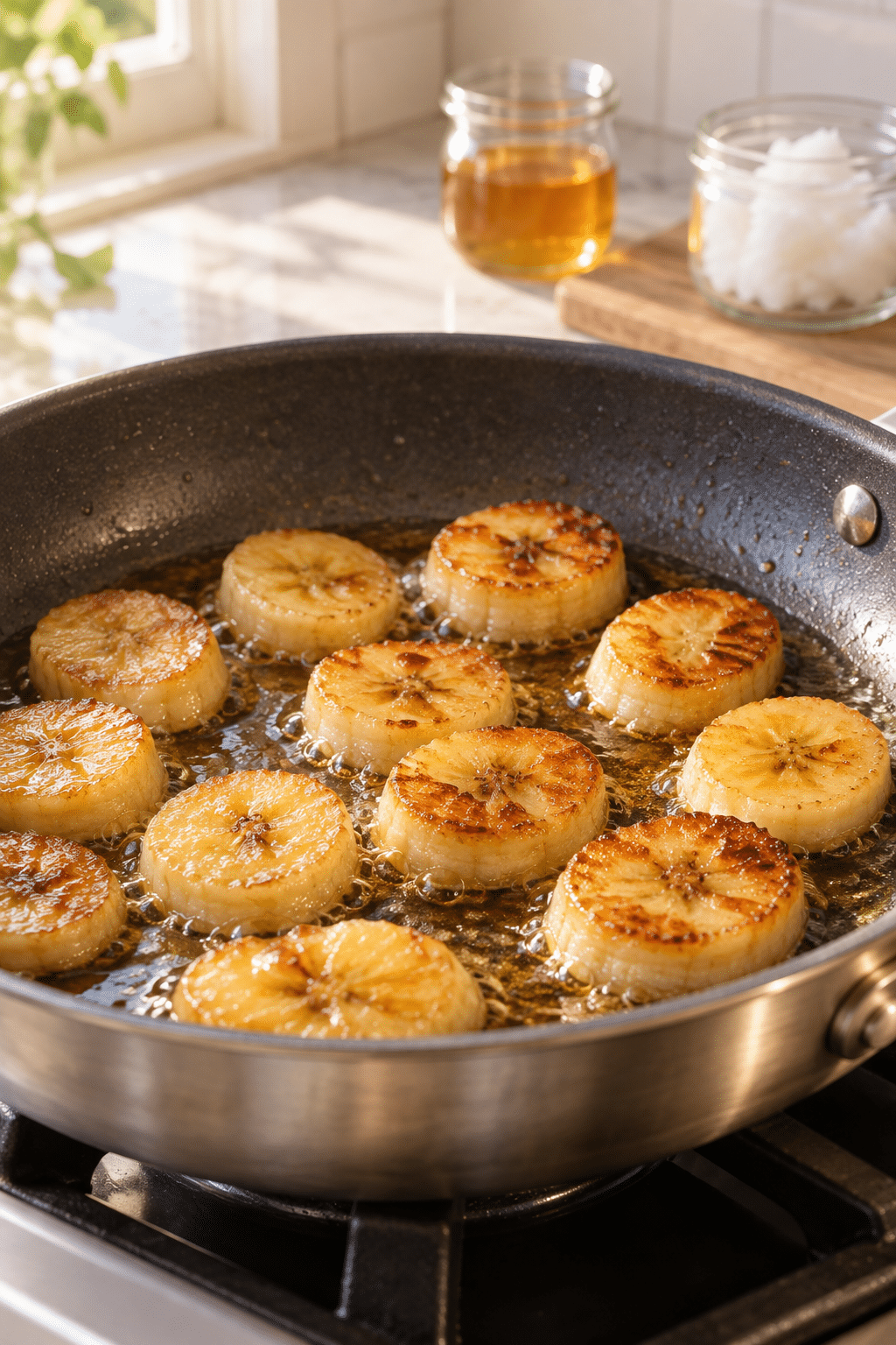 caramelized banana slices cooking in honey and coconut oil