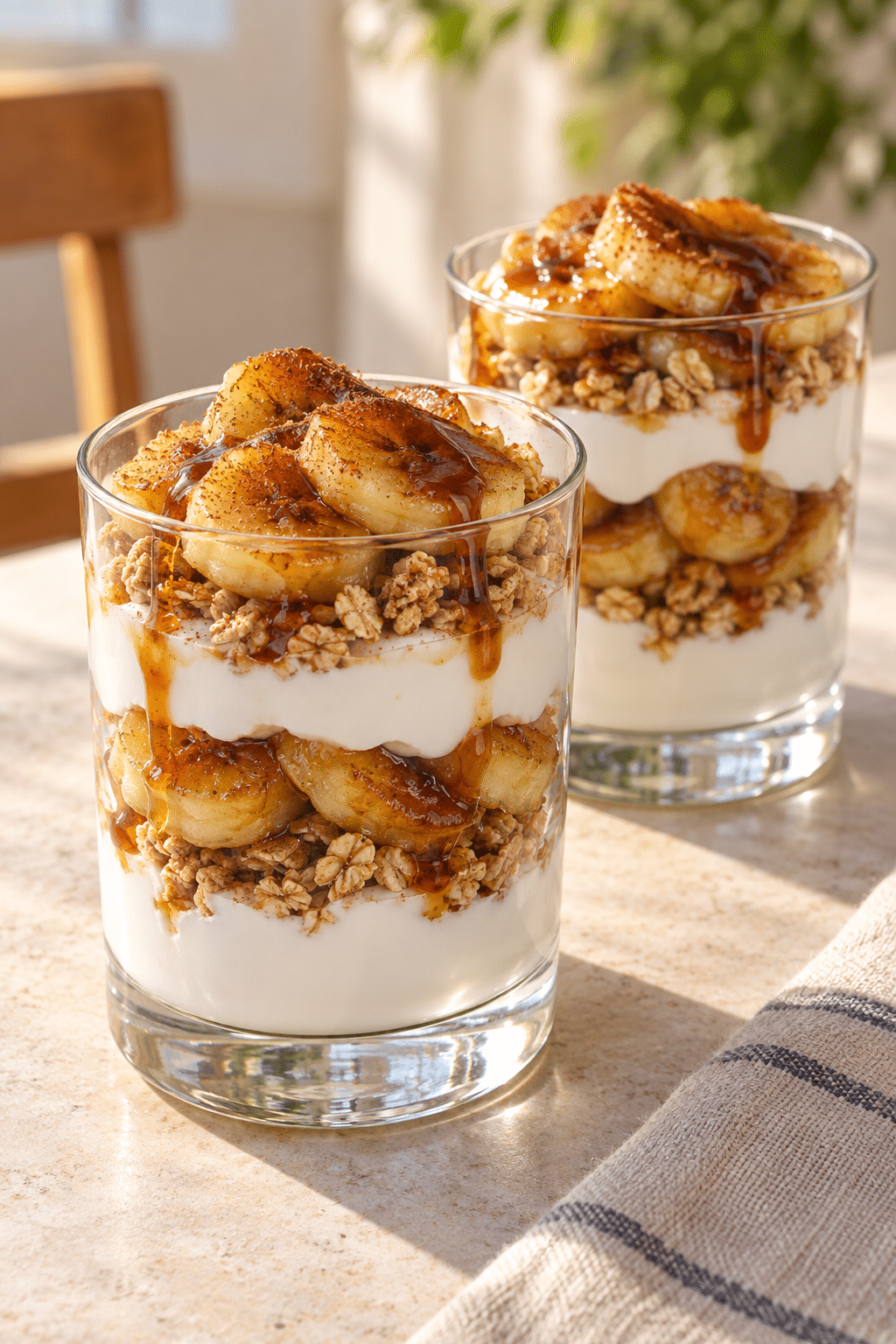 layered caramelized banana breakfast parfait ready to serve