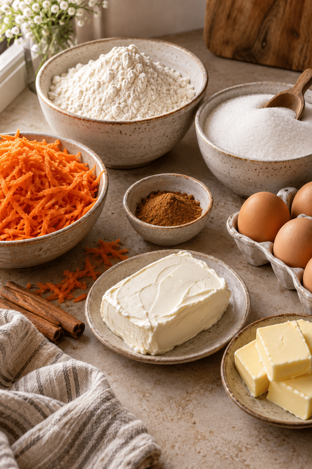 carrot cake ingredients measured and arranged