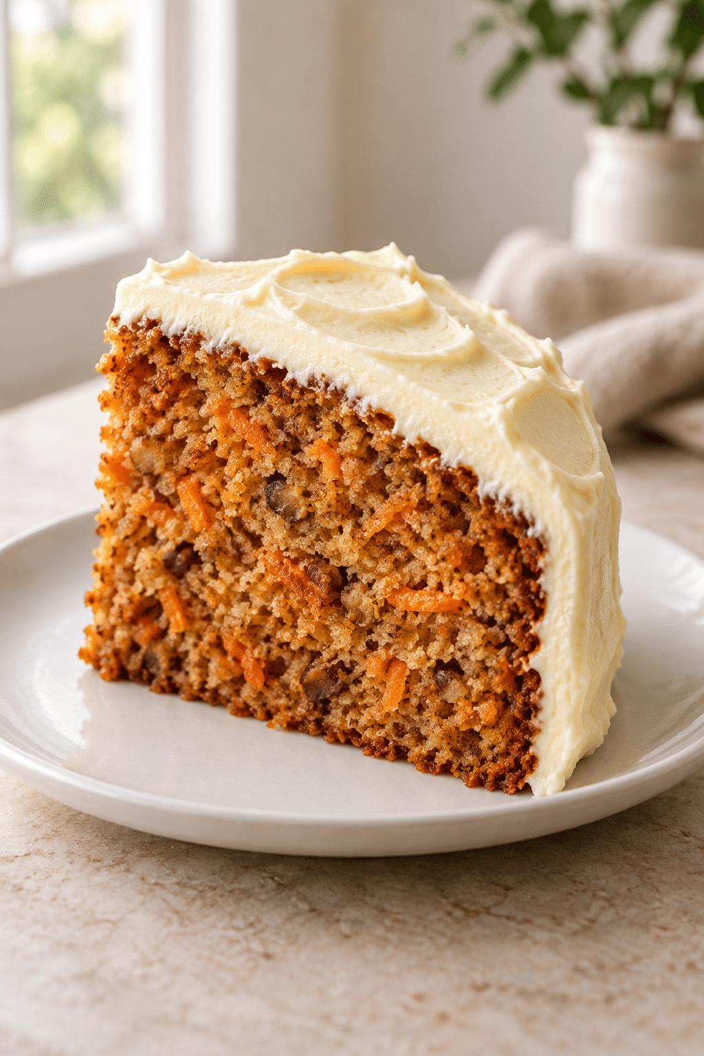 a slice of carrot cake with cream cheese frosting