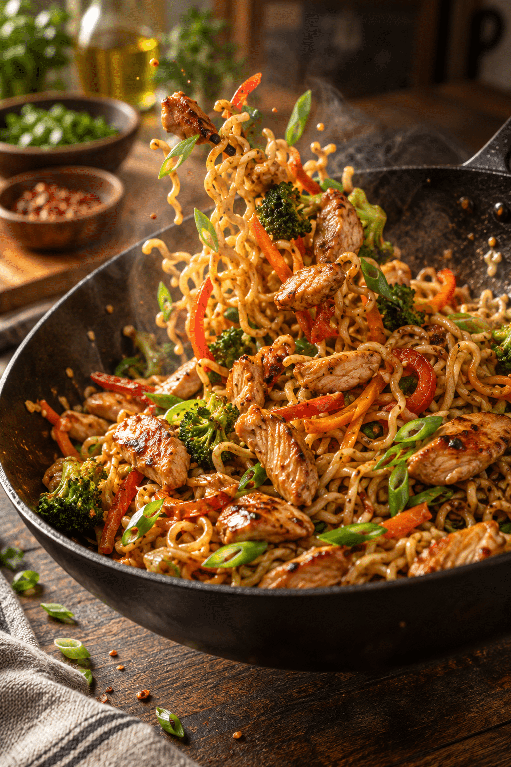 cooking chicken ramen stir fry in a skillet