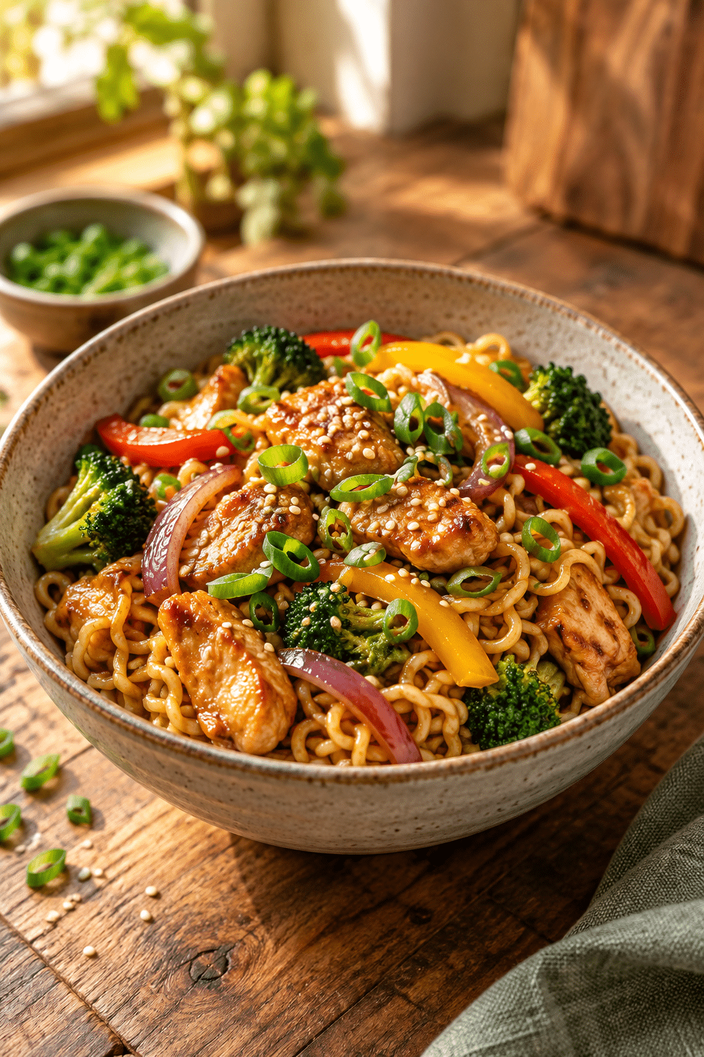 finished chicken ramen stir fry with vegetables