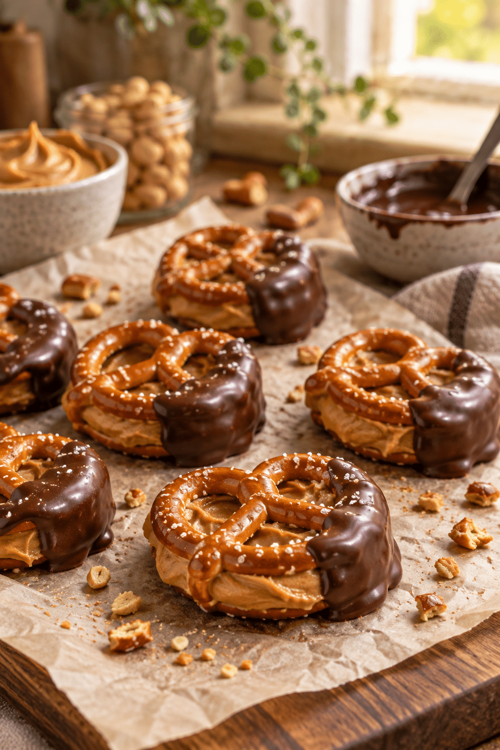 dipping peanut butter pretzels in chocolate